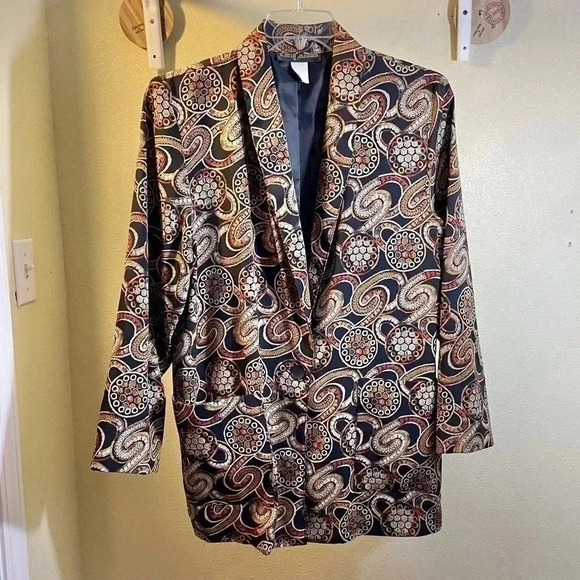 Vintage 80’s 90’s Emily Adams Single Button Blazer Abstract All Over Print Sz M - Picture 1 of 6